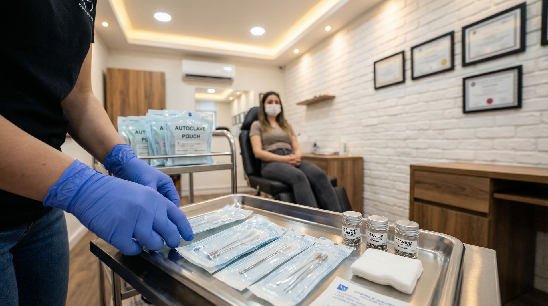 A person in blue medical gloves prepares sterile instruments on a tray while a client waits in a professional clinic.
