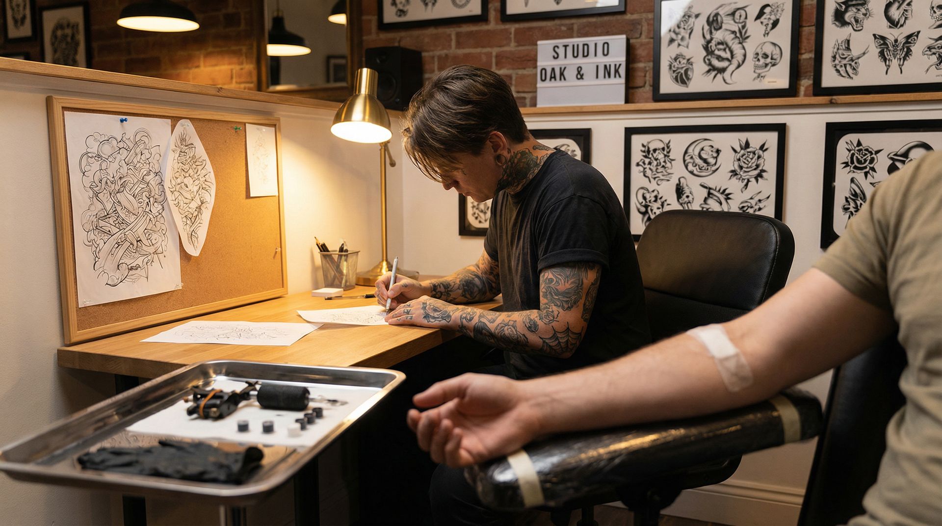 A tattoo artist drawing at a desk in a studio, with a client's arm visible in the foreground.