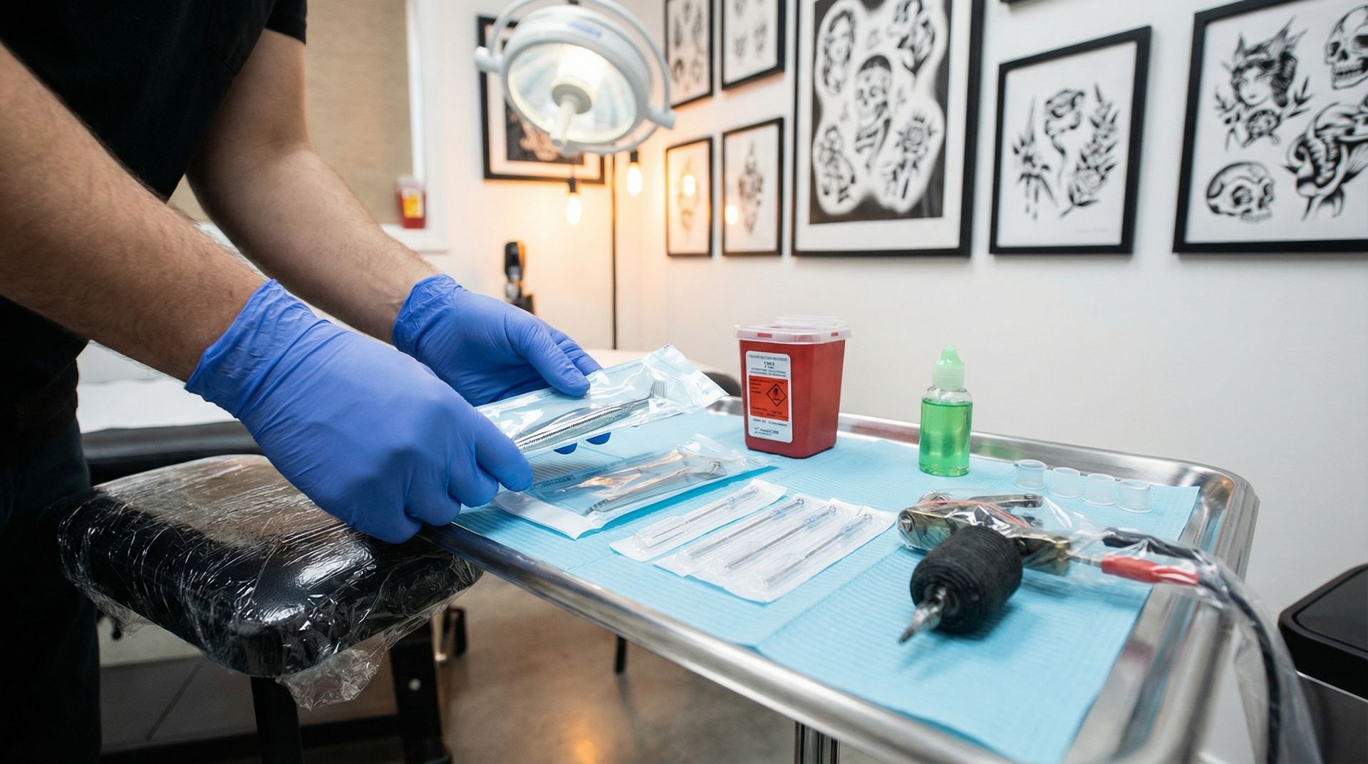 A tattoo artist in blue gloves prepares sterile equipment on a tray in a studio with framed designs on the walls.