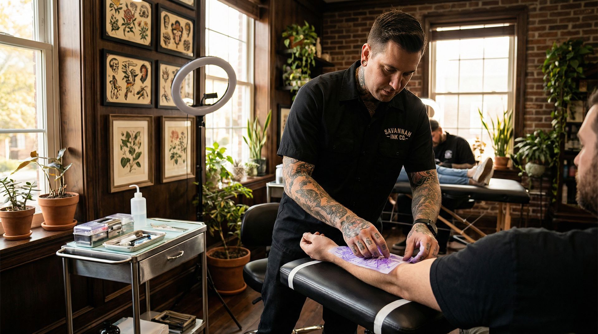 A tattoo artist in a professional studio applies a stencil to a client’s forearm while another client waits nearby.