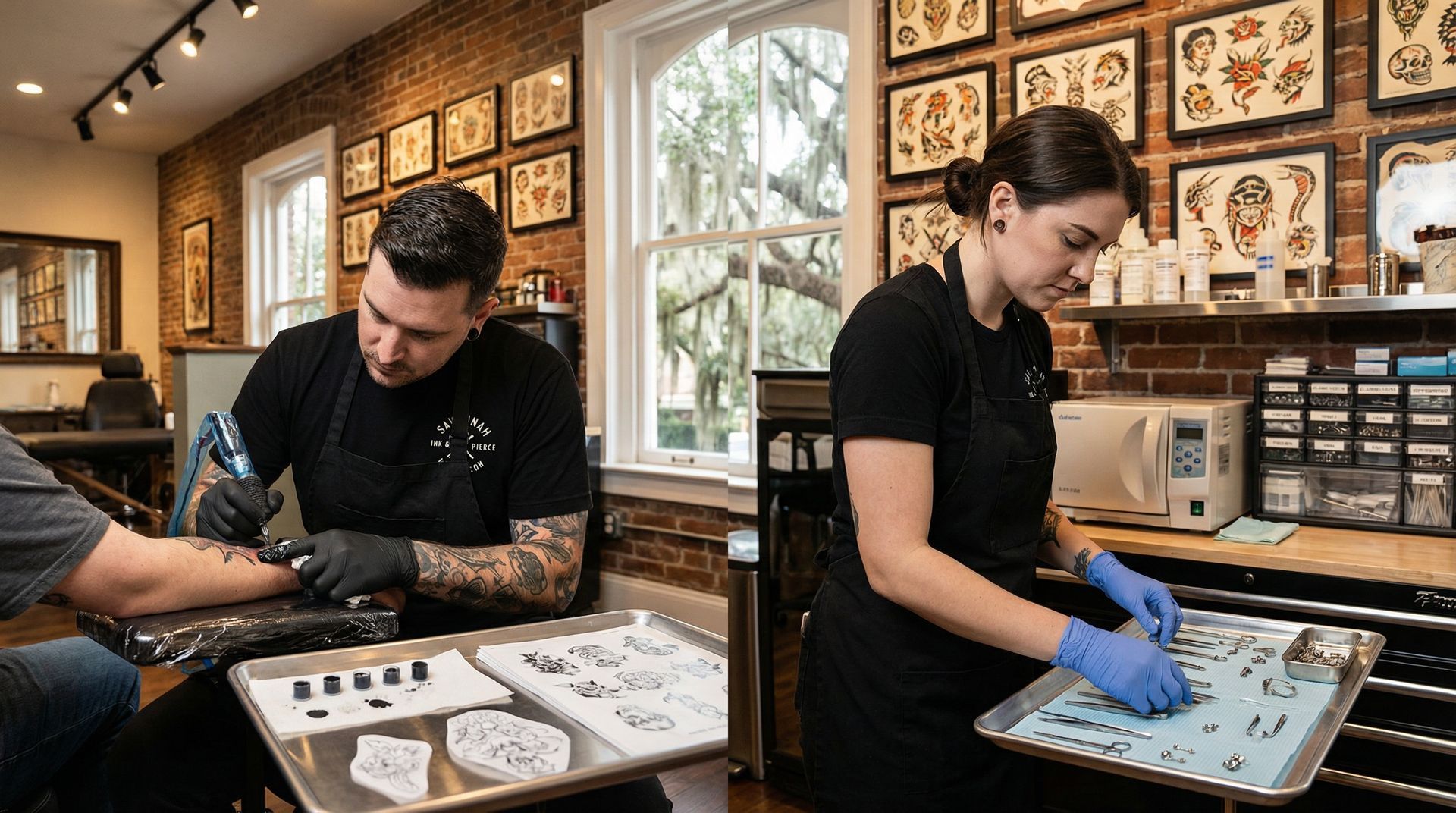 Two tattoo artists work at their stations in a studio decorated with framed flash art on brick walls.