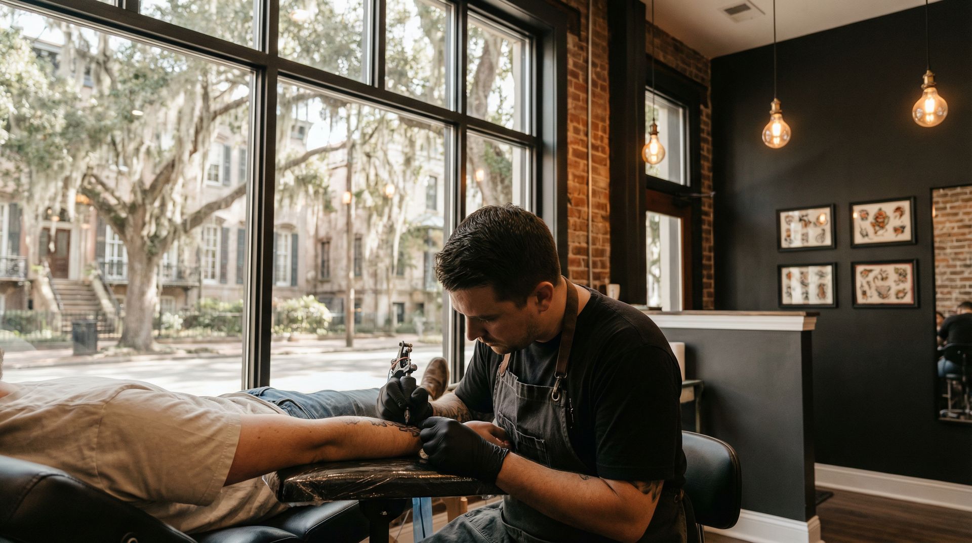 A tattoo artist in a black apron and gloves works on a client's arm in a studio with large windows and brick walls.