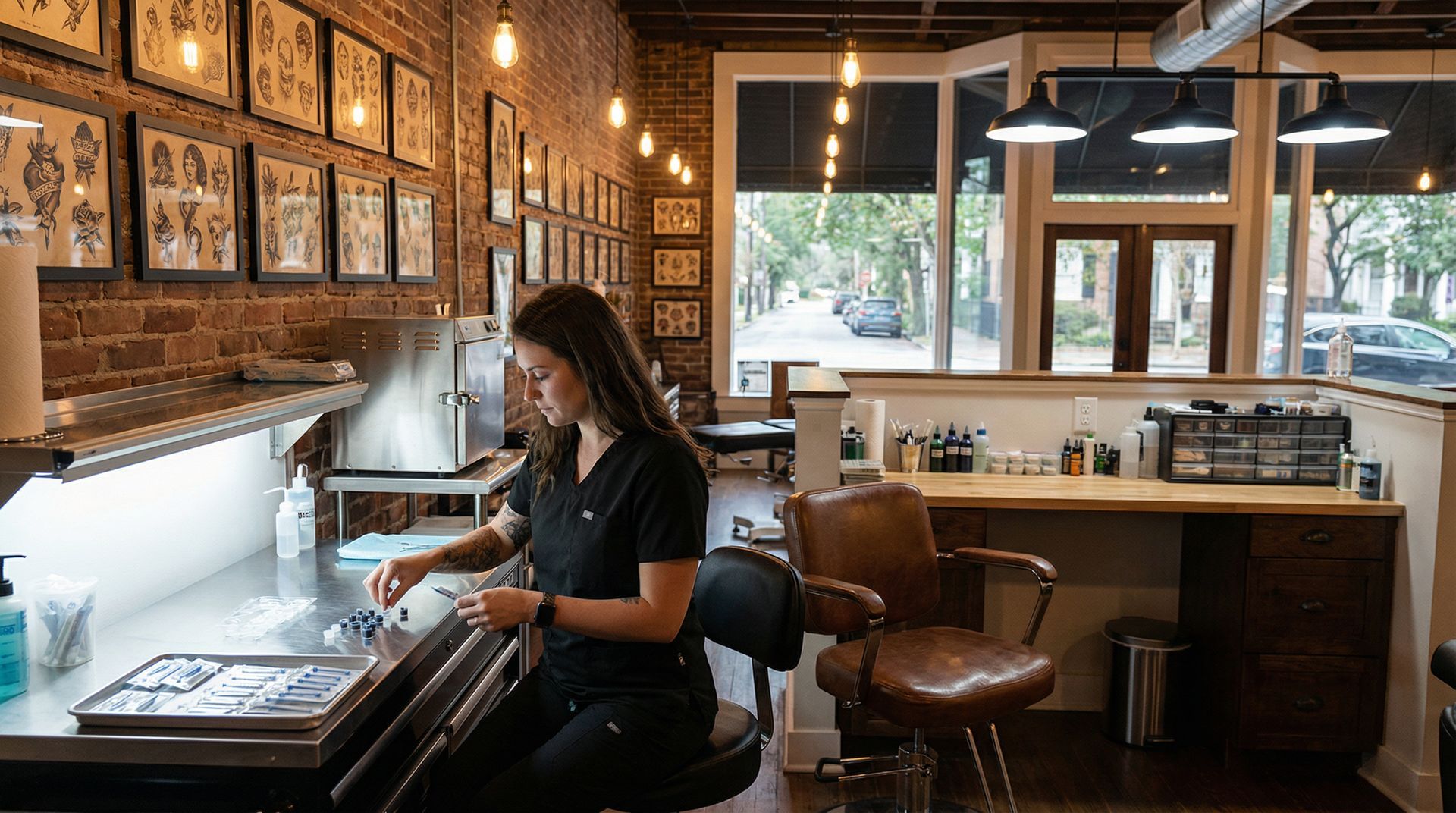 A person in a black scrub top sits at a stainless steel workspace preparing equipment in a well-lit tattoo parlor.