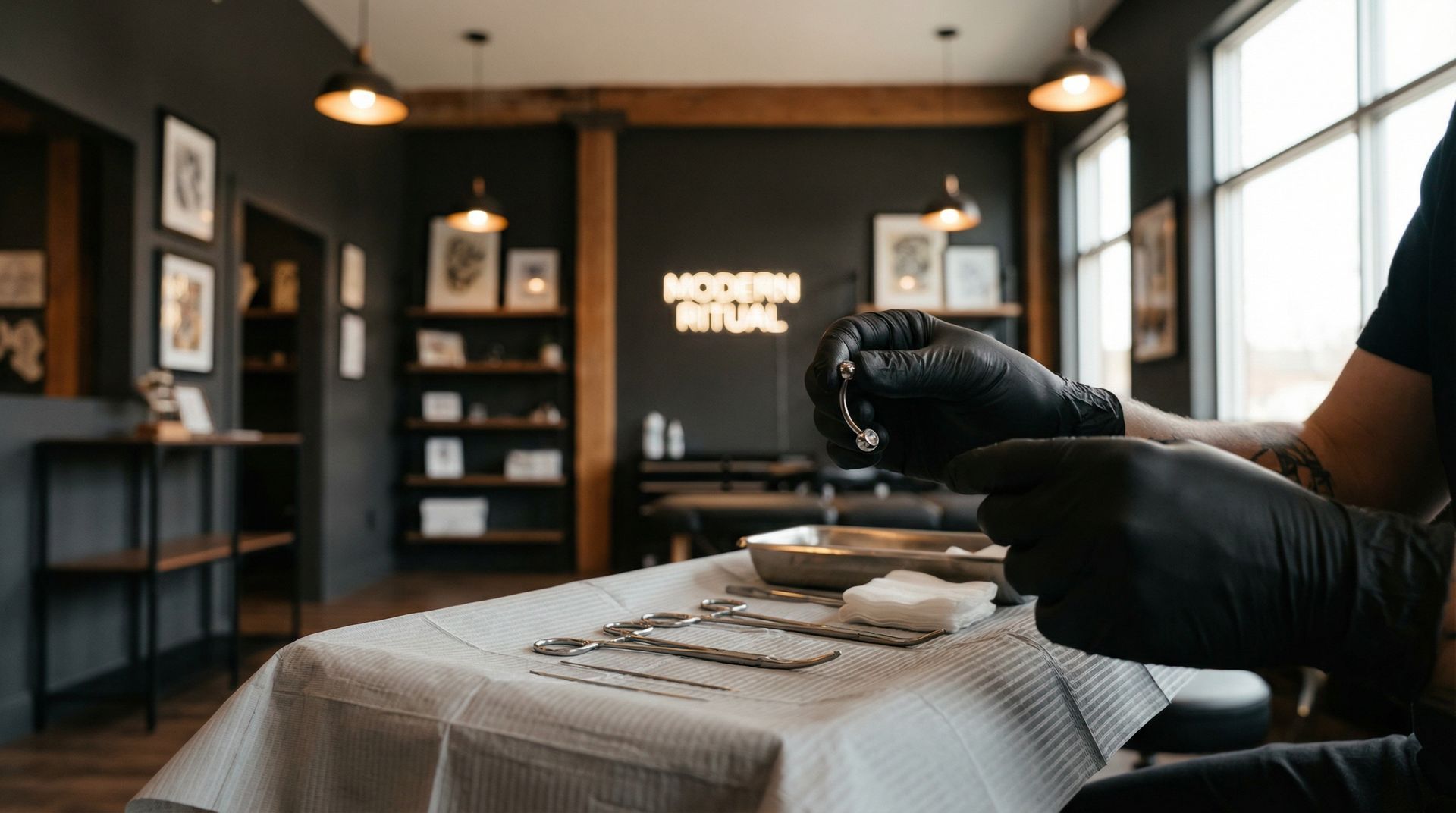 A person in black gloves prepares piercing jewelry on a table in a modern, professional tattoo and piercing studio.