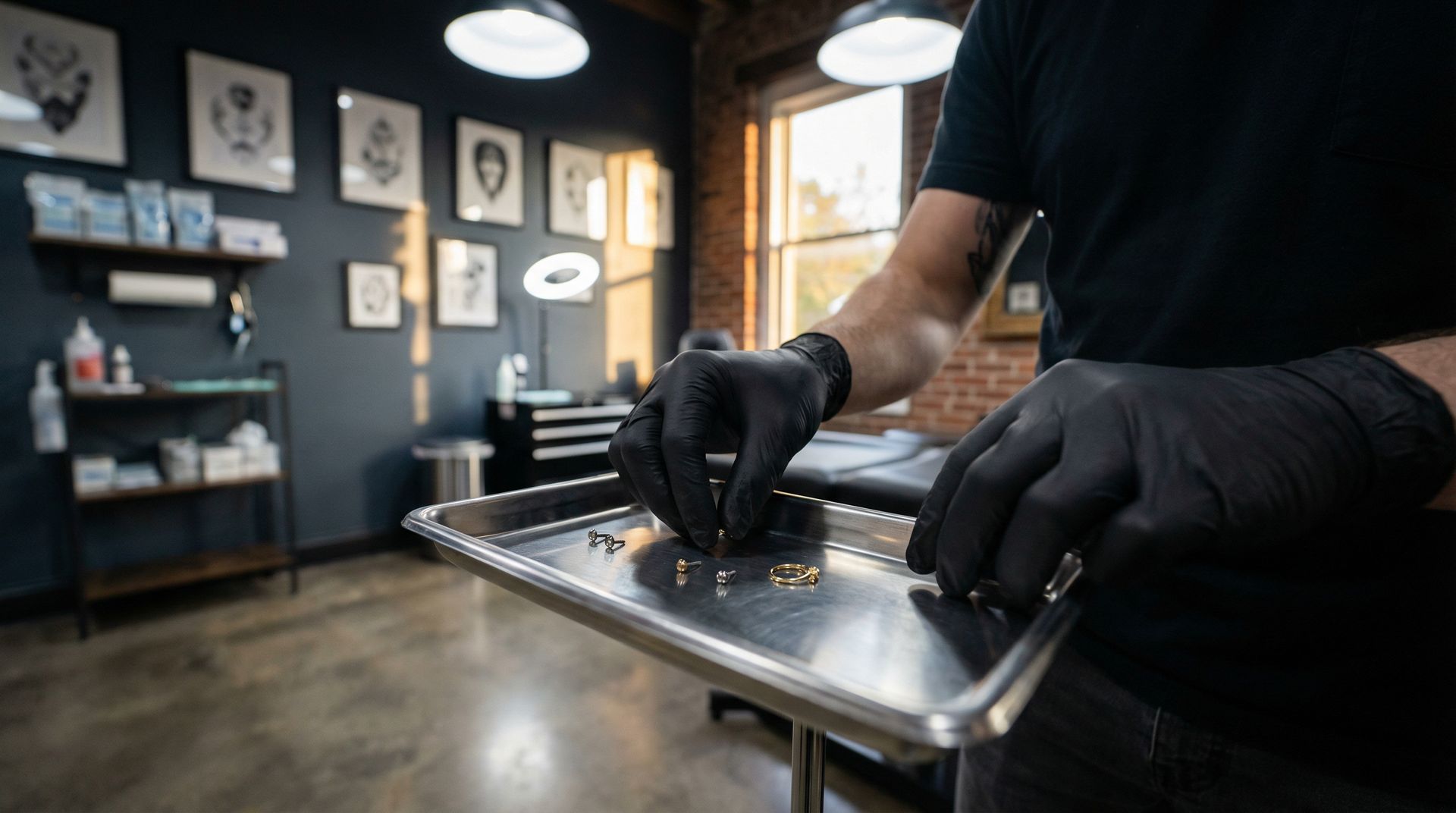 A person wearing black gloves carefully picks up small metal items from a stainless steel tray in a tattoo studio.