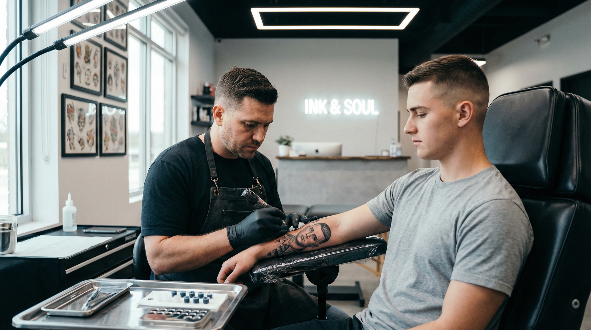 A tattoo artist in a black apron works on a tattoo on a client's forearm inside a bright studio labeled Ink & Soul.