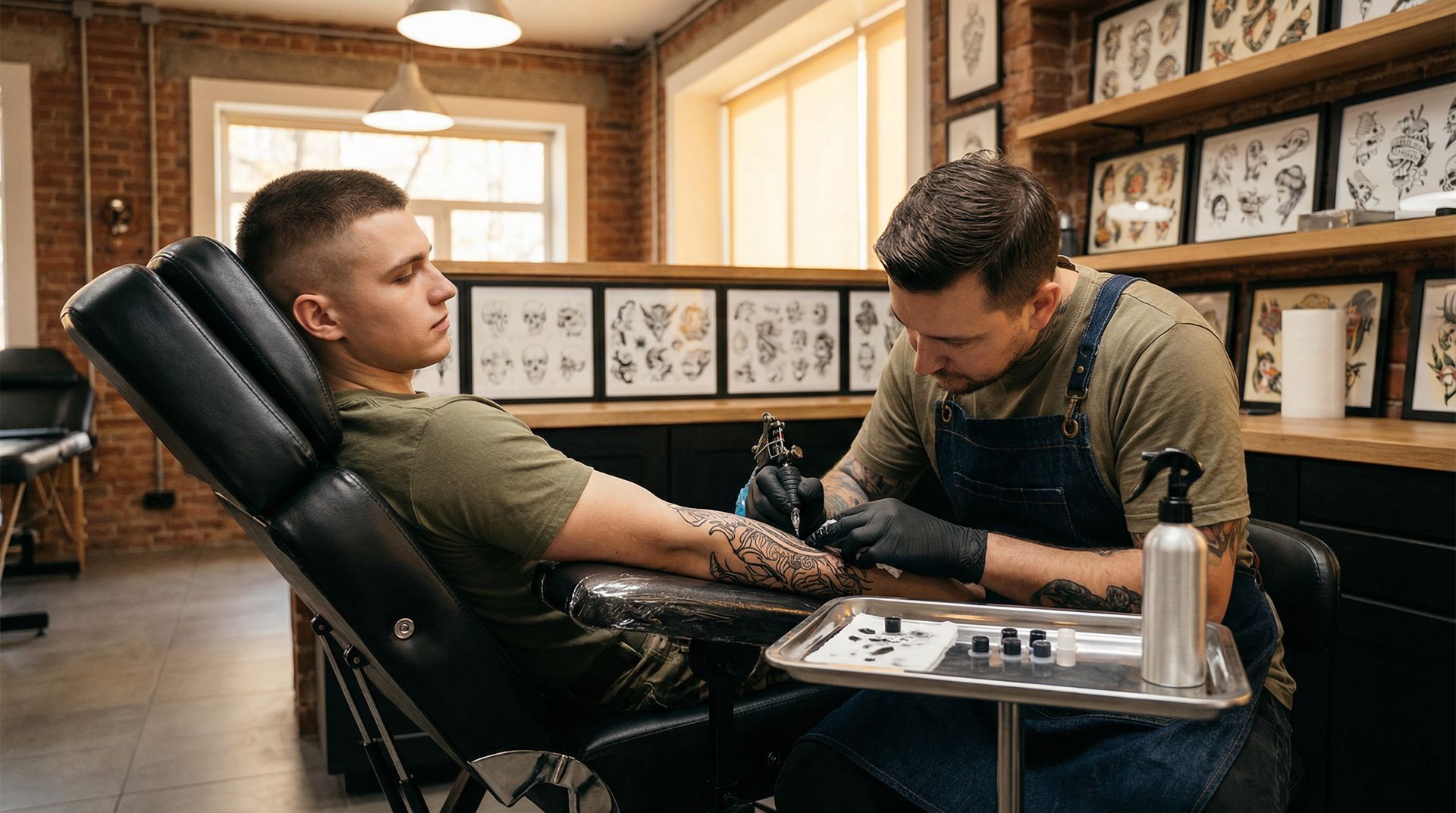 A tattoo artist works on a client’s forearm in a studio decorated with framed tattoo designs on the walls.