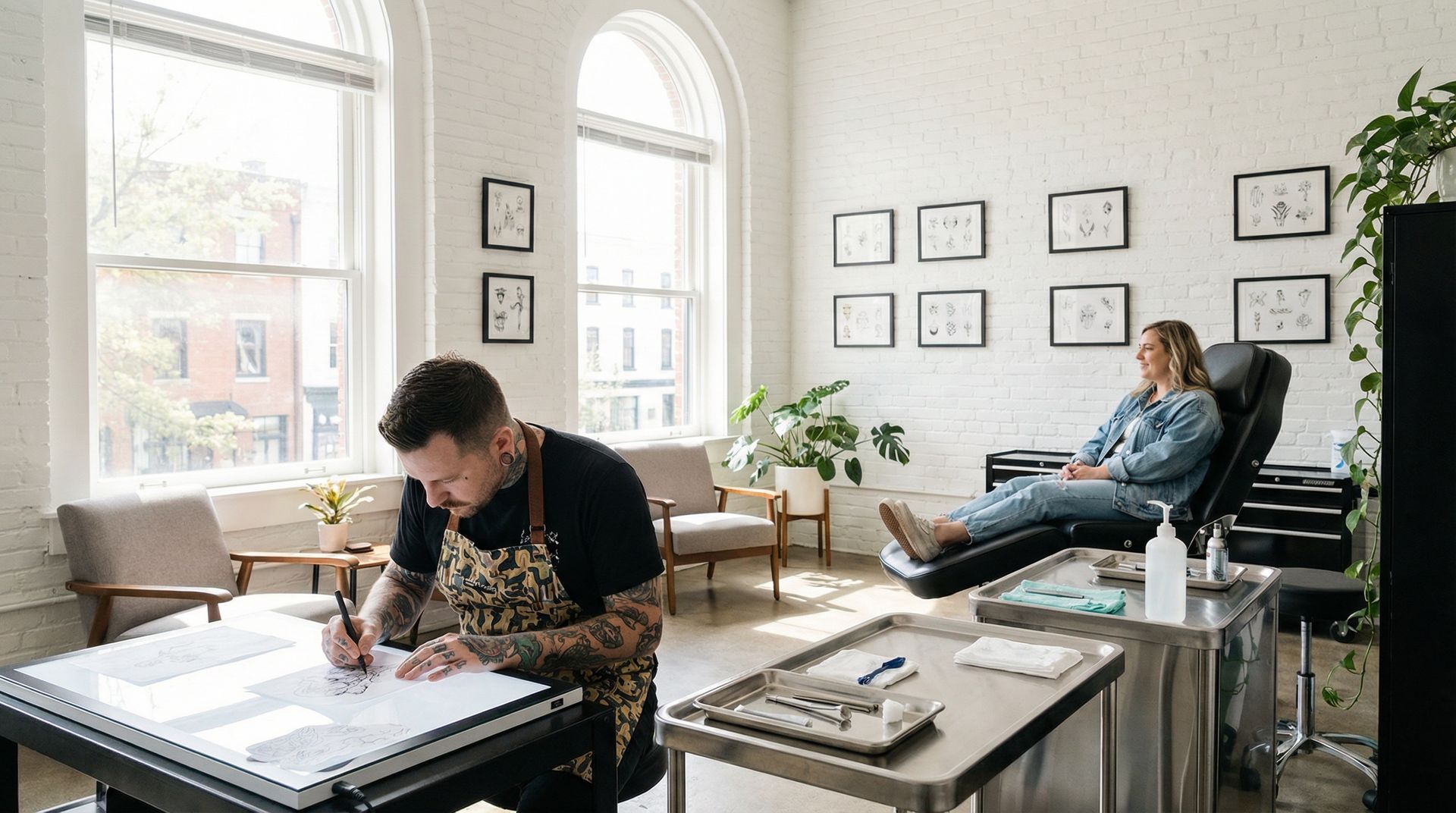 A tattoo artist works at a table while a person rests in a reclining chair in a bright, modern studio.