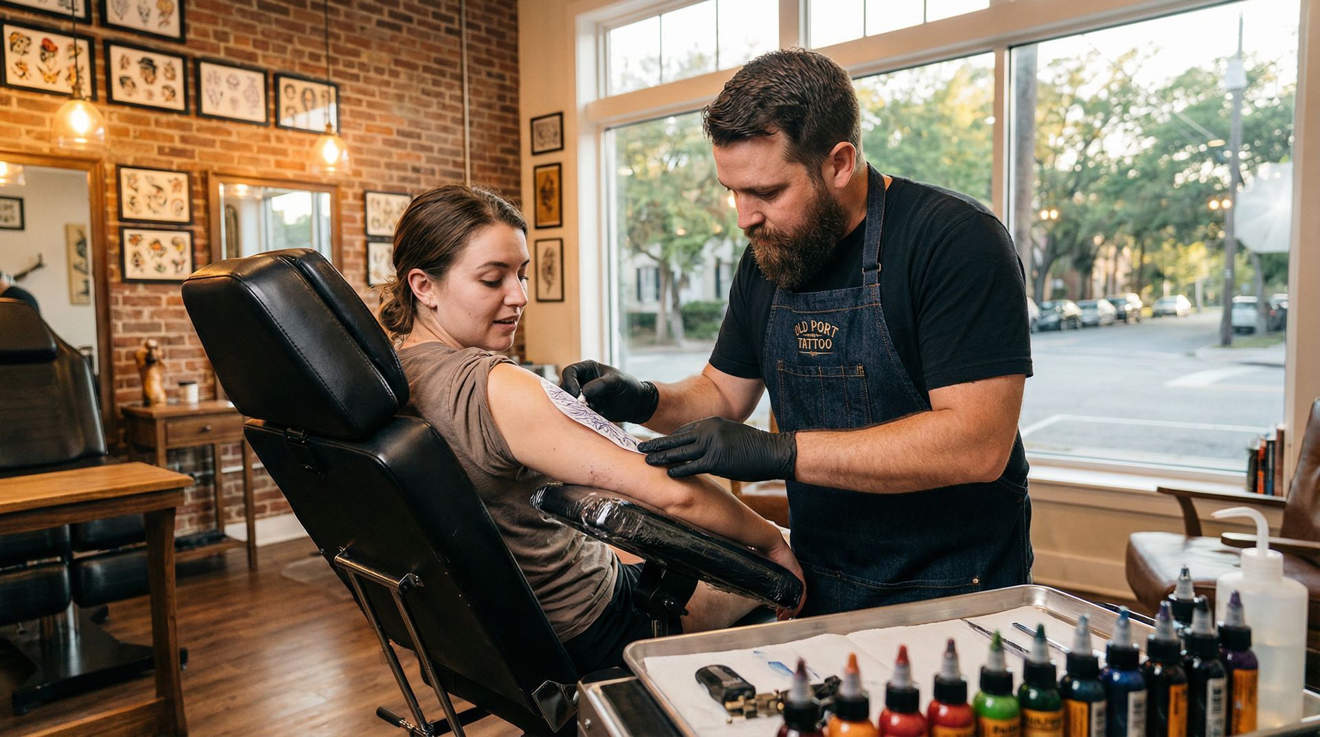 A tattoo artist works on a client’s arm in a studio with brick walls and numerous framed designs on display.