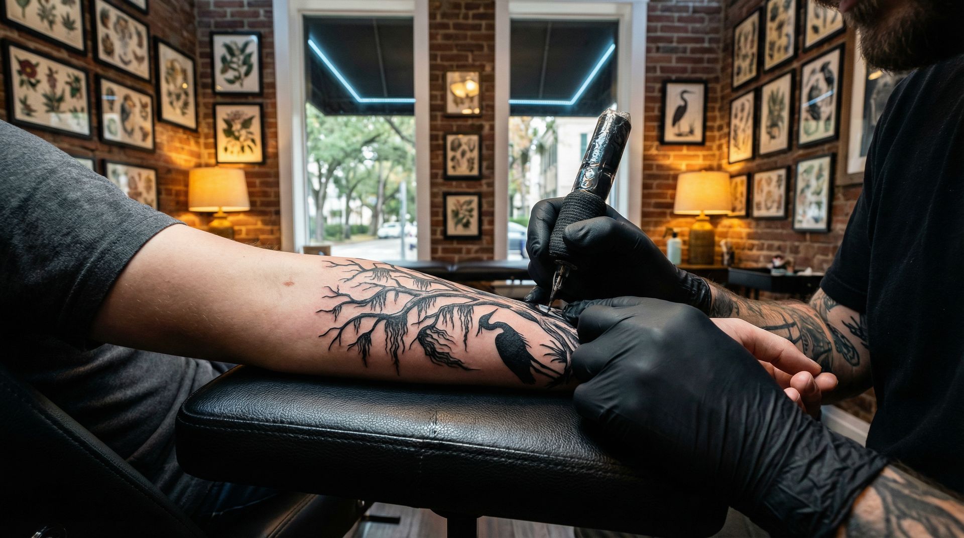 A tattoo artist in black gloves works on a dark-ink tree design on a client's forearm inside a studio with framed art.