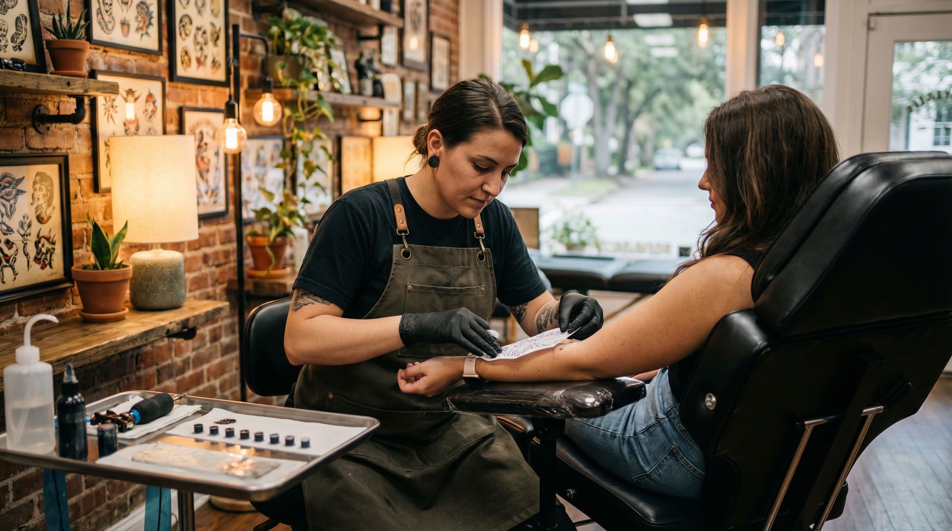 A tattoo artist in a green apron works on a client’s forearm in a studio decorated with framed illustrations.