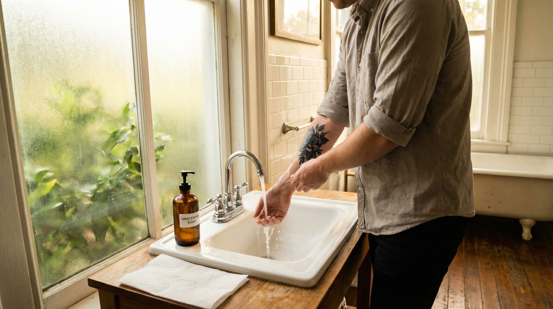 A person washes their hands at a white bathroom sink next to a large, frosted-glass window.
