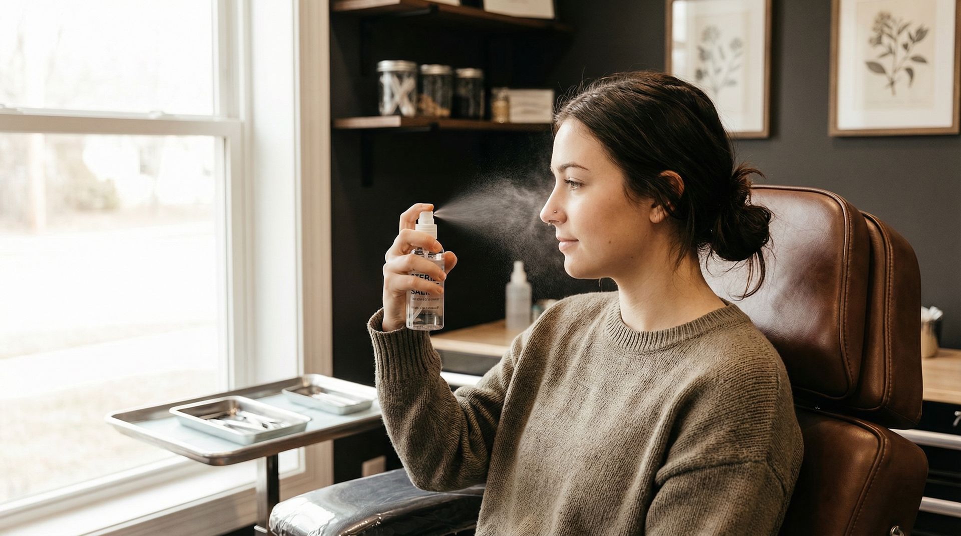 A person wearing a grey sweater sits in a chair, spraying a fine mist from a small bottle toward their face.