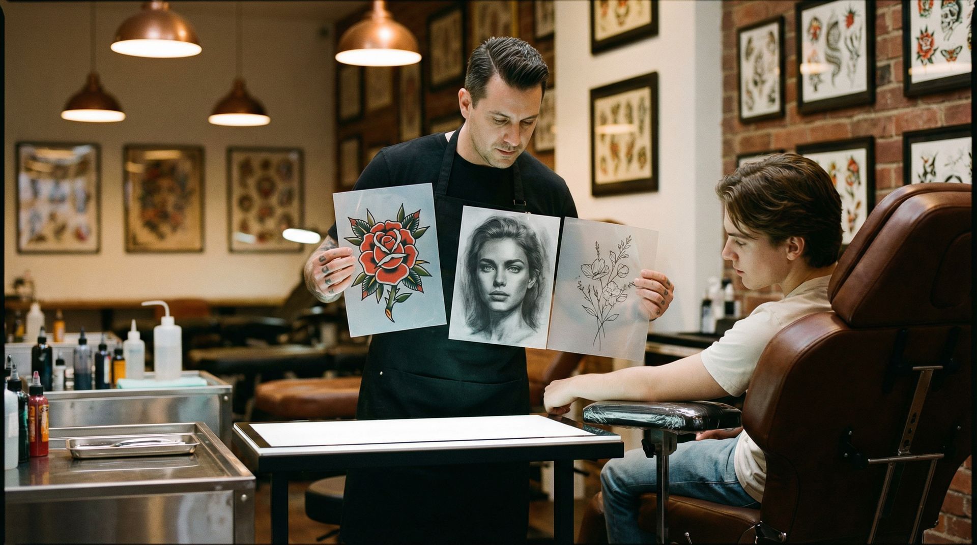 A tattoo artist displays design sketches to a client in a studio filled with framed artwork on the walls.