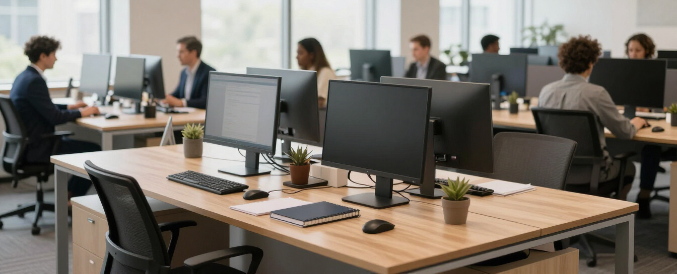 Business meeting in conference room, presenter pointing at screen while team watches laptop presentations.