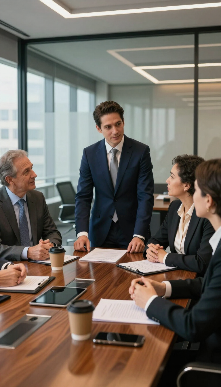 Meeting room with presenter at screen and attendees around a table taking notes