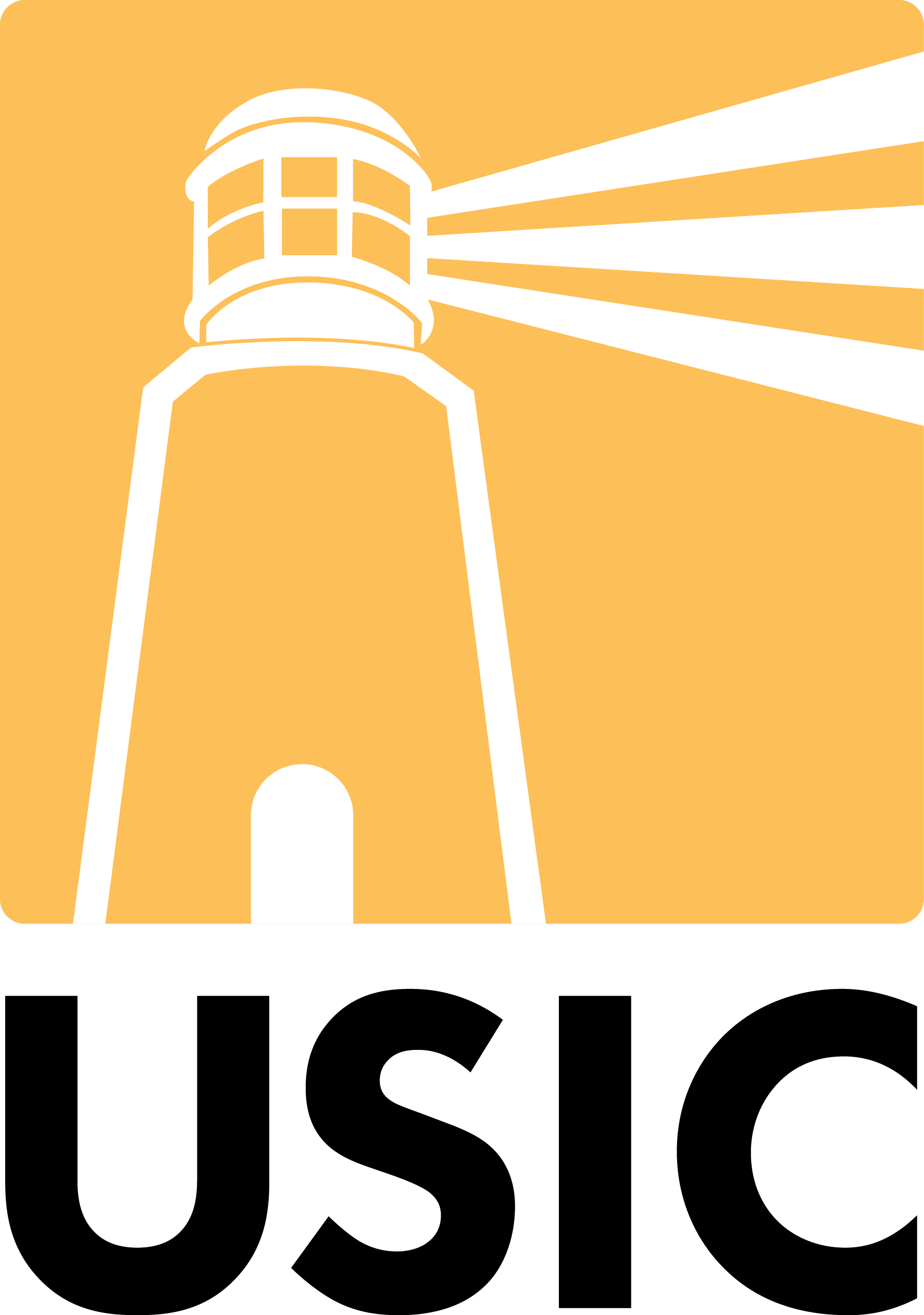 White lighthouse, beaming light across orange background;