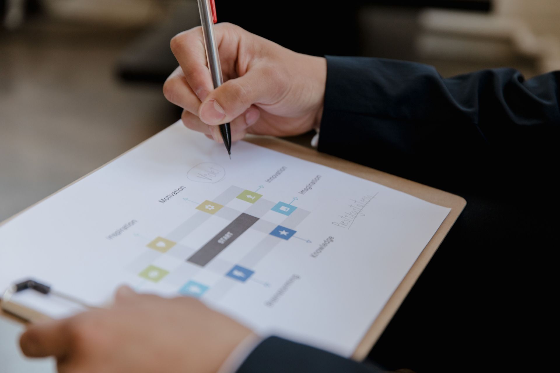 Six coworkers collaborating in a modern office, one presenting slides on a screen, five taking notes at a table.