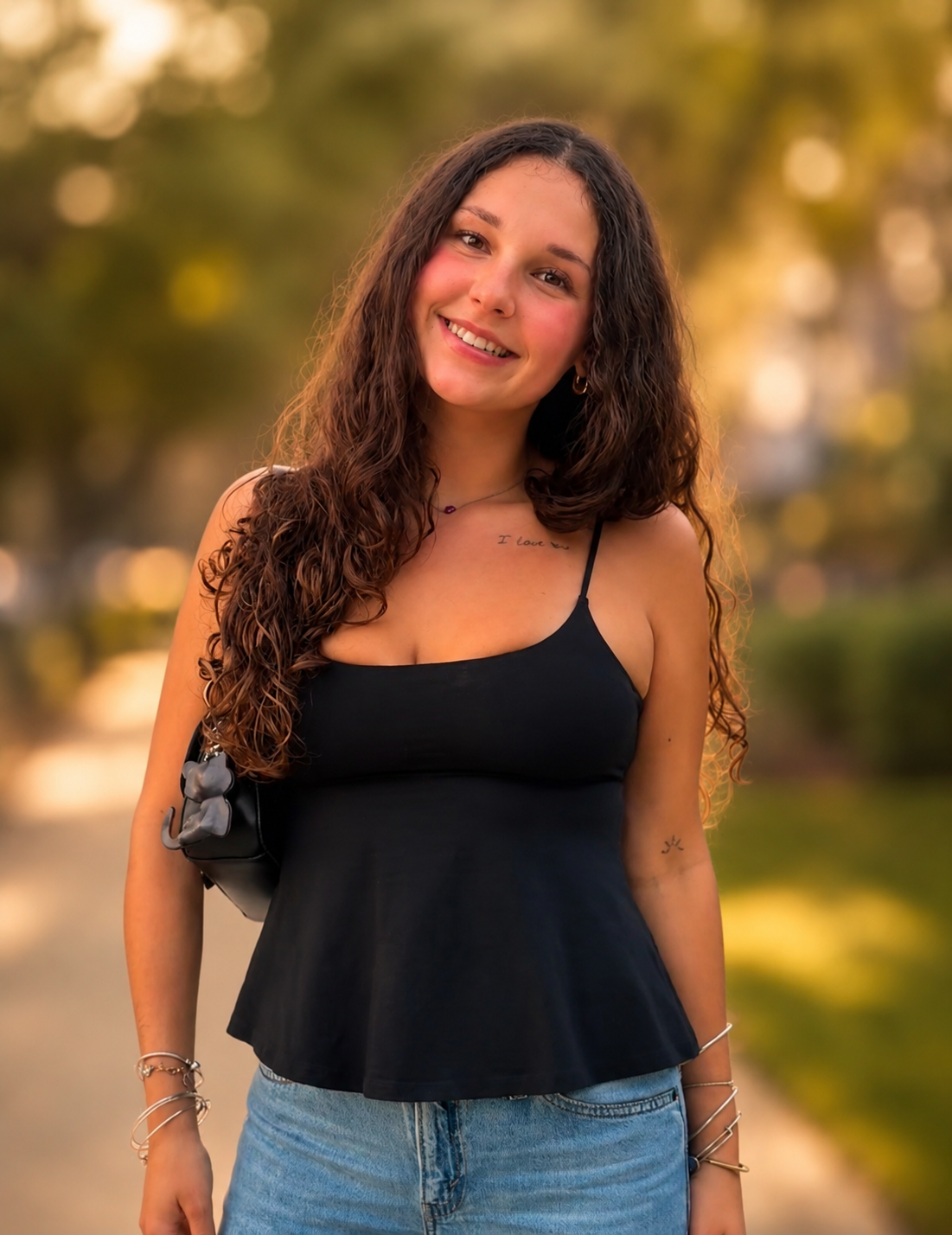 A person with long, wavy brown hair smiles at the camera, wearing a black top with a white bag strap, outdoors.