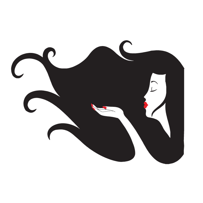 A stylized illustration of a silhouette with long, flowing dark hair blowing a kiss from an upturned hand.