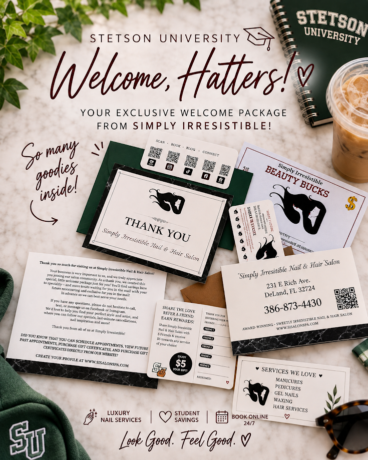 Stetson University welcome packet with cards, brochure, and branded coffee cups on a desk.