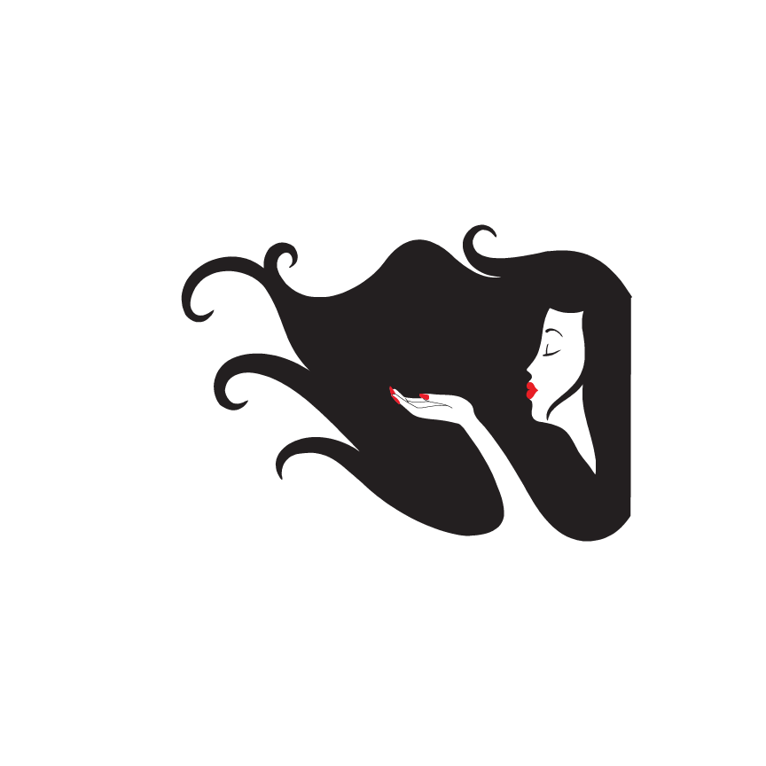 A minimalist illustration of a profile facing right, blowing from a hand with red nails, surrounded by flowing black hair.