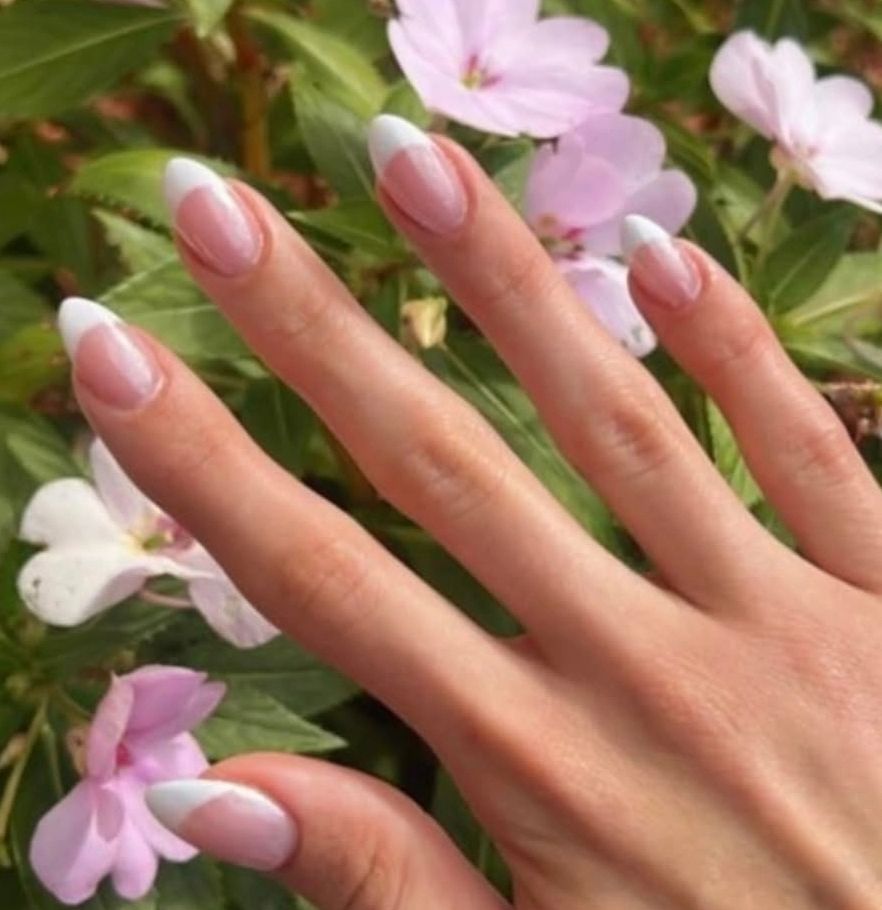 Hand with pale pink manicured nails over pink and white flowers