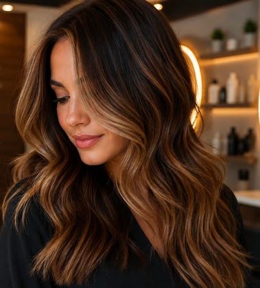 Long brunette hair with dimensional caramel highlights and soft waves at Simply Irresistible Hair Salon in DeLand, FL