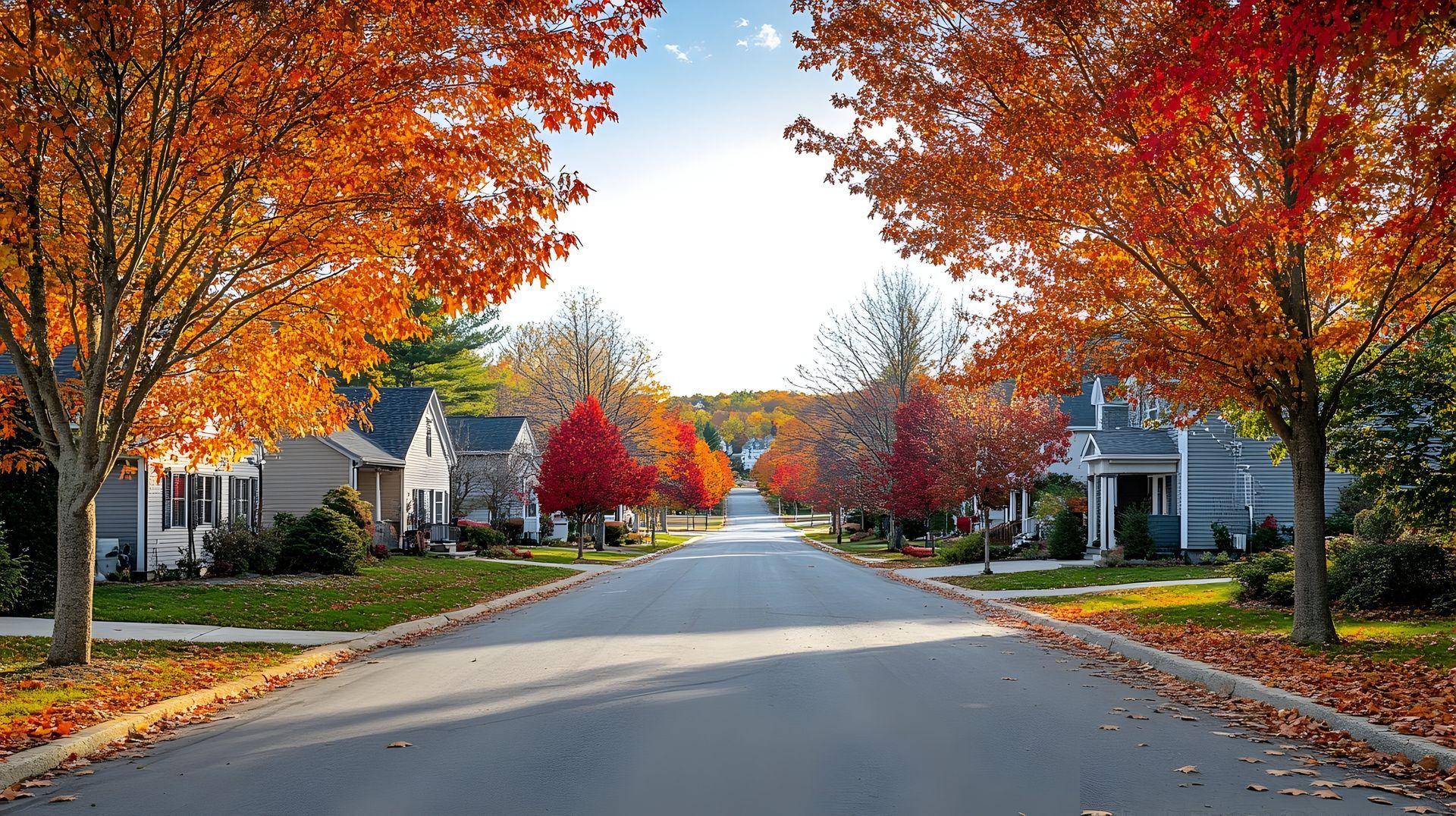 Residential street lined with autumn trees; colorful leaves frame houses under a bright sky.