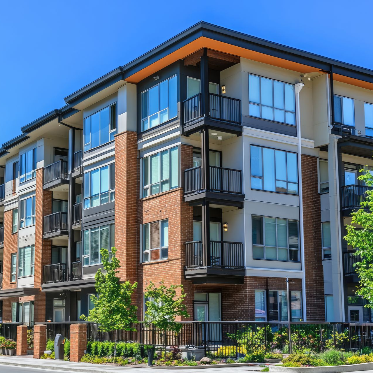 Apartment building with brick and siding exterior, balconies, and large windows under a blue sky.