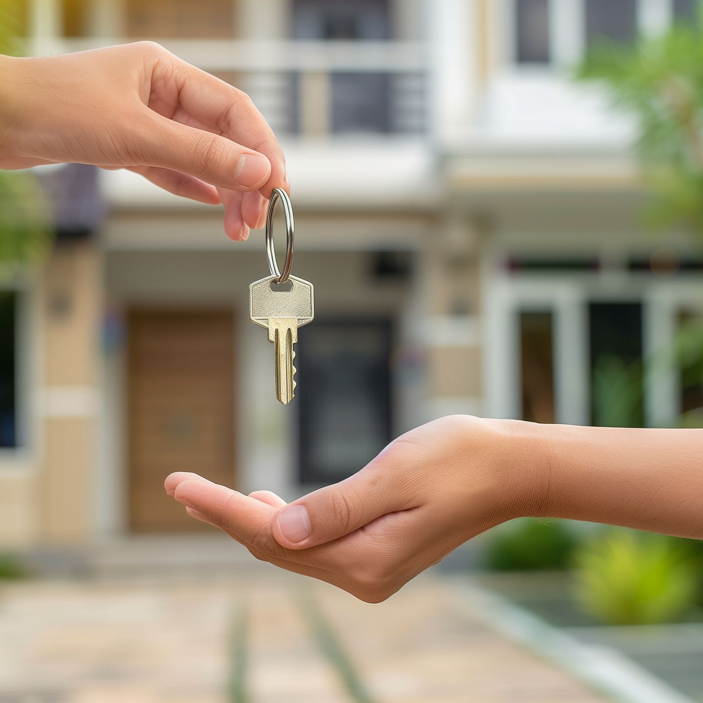 Person handing keys to another in front of a house.