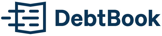 A blue logo for debtbook with a book icon on a white background.