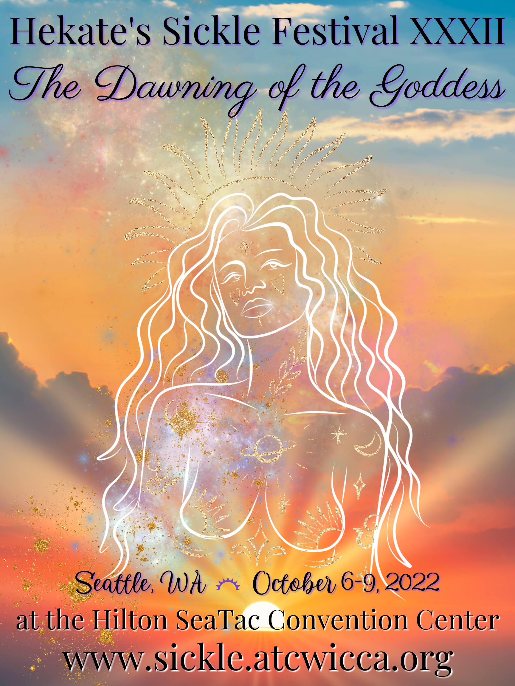 A poster for a festival called the dawning of the goddess.