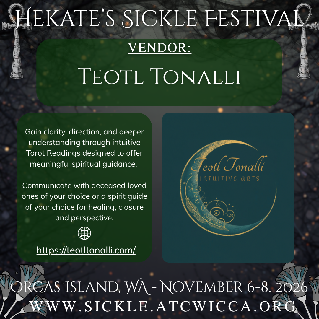 A logo for teotl tonalli intuitive arts with a green flower on a beige background.