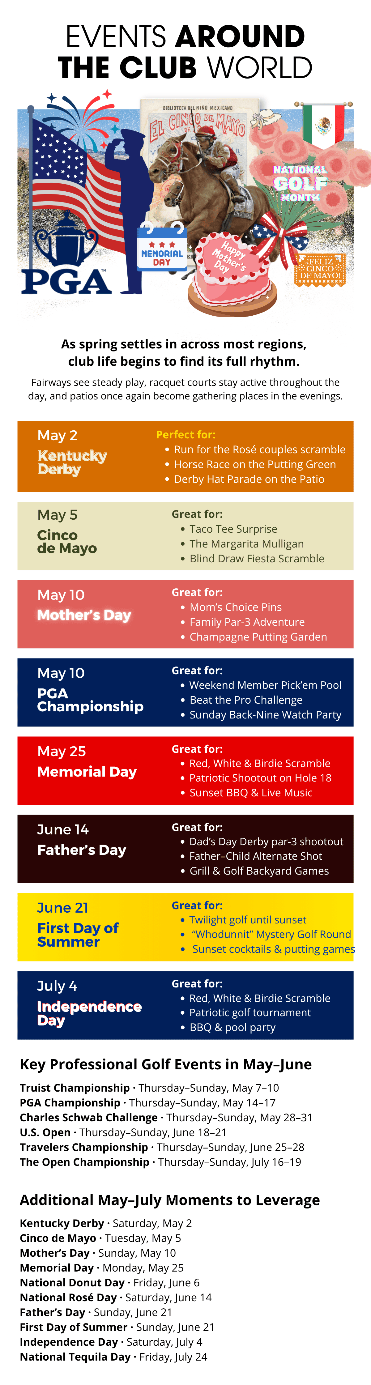 A schedule of club events featuring dates, holidays, and activities displayed in a colorful list format.