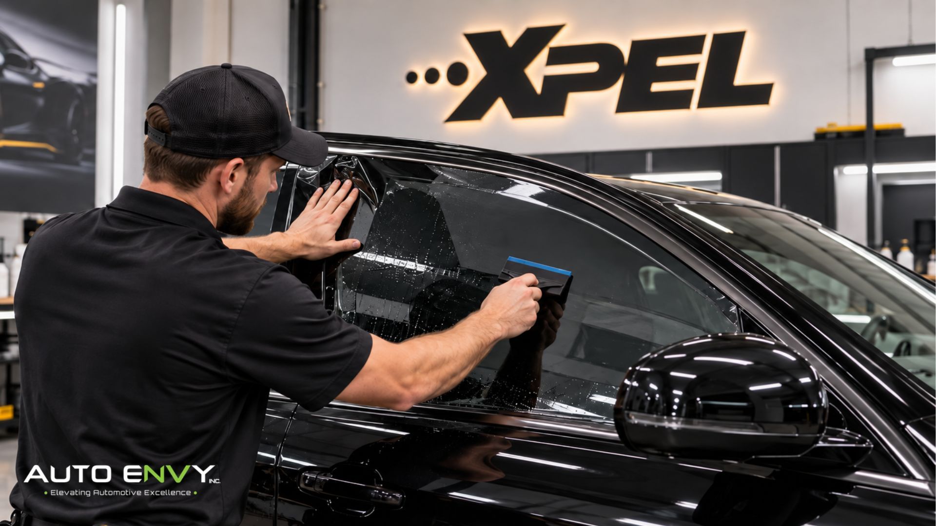 Installer uses a squeegee to smooth window tint across the side window of a black vehicle.