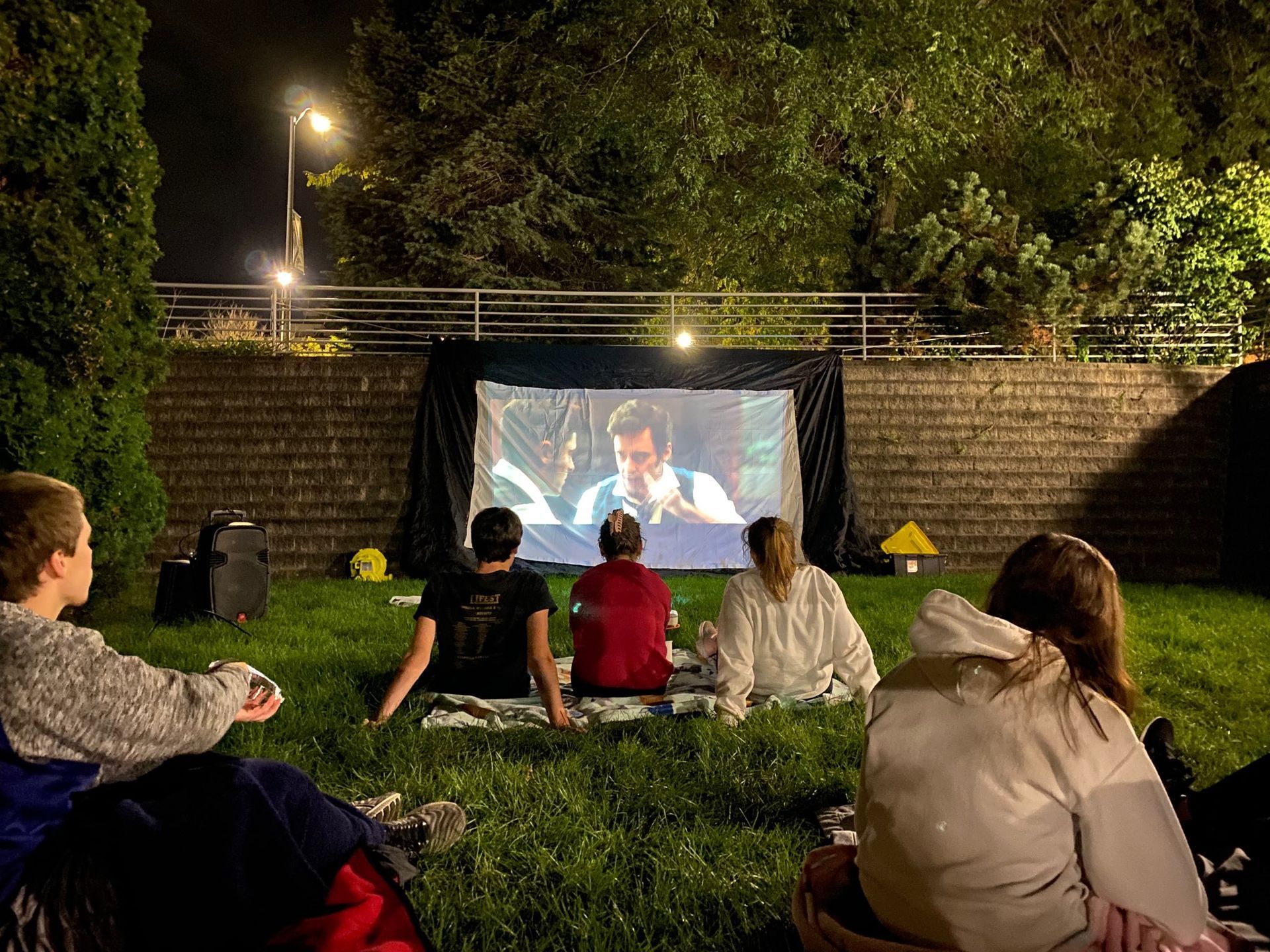 A group of people are sitting in the grass watching a movie