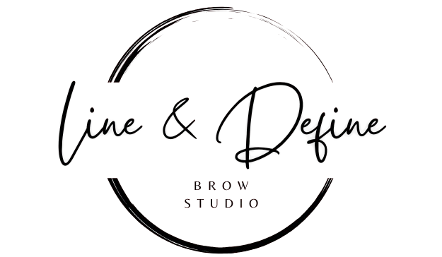 Logo for Line & Define Brow Studio; script text "Line & Define" within a brushed-on circle, with "Brow Studio" below.