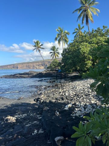Rocky shoreline with palm trees under a blue sky. A sunny beach with dark volcanic rock, white stones, palm trees, and a distant coastline under a clear blue sky.