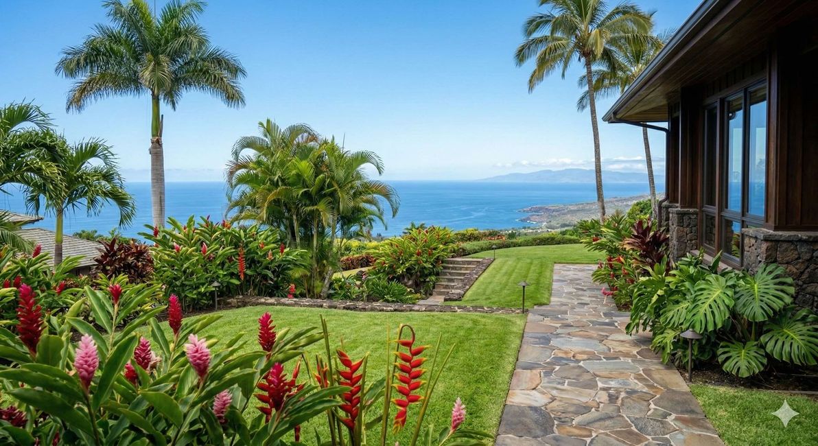 Landscaped garden bed with various colorful plants and dark mulch, bordered by green lawn. A stone path leads past tropical flowers toward a lush green lawn, palm trees, and an expansive ocean view.
