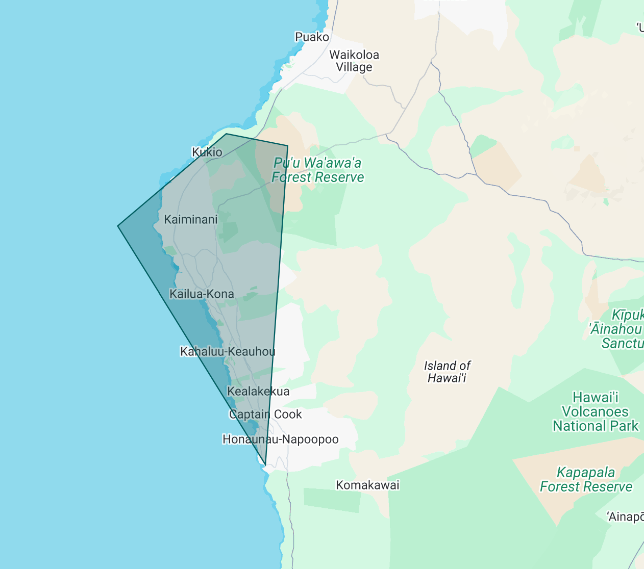 A digital map showing a semi-transparent, blue-grey polygonal area highlighted along a coastal region near forest reserves.