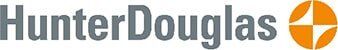 The Hunter Douglas logo features the company name in gray text next to an orange circle with a white cross design.