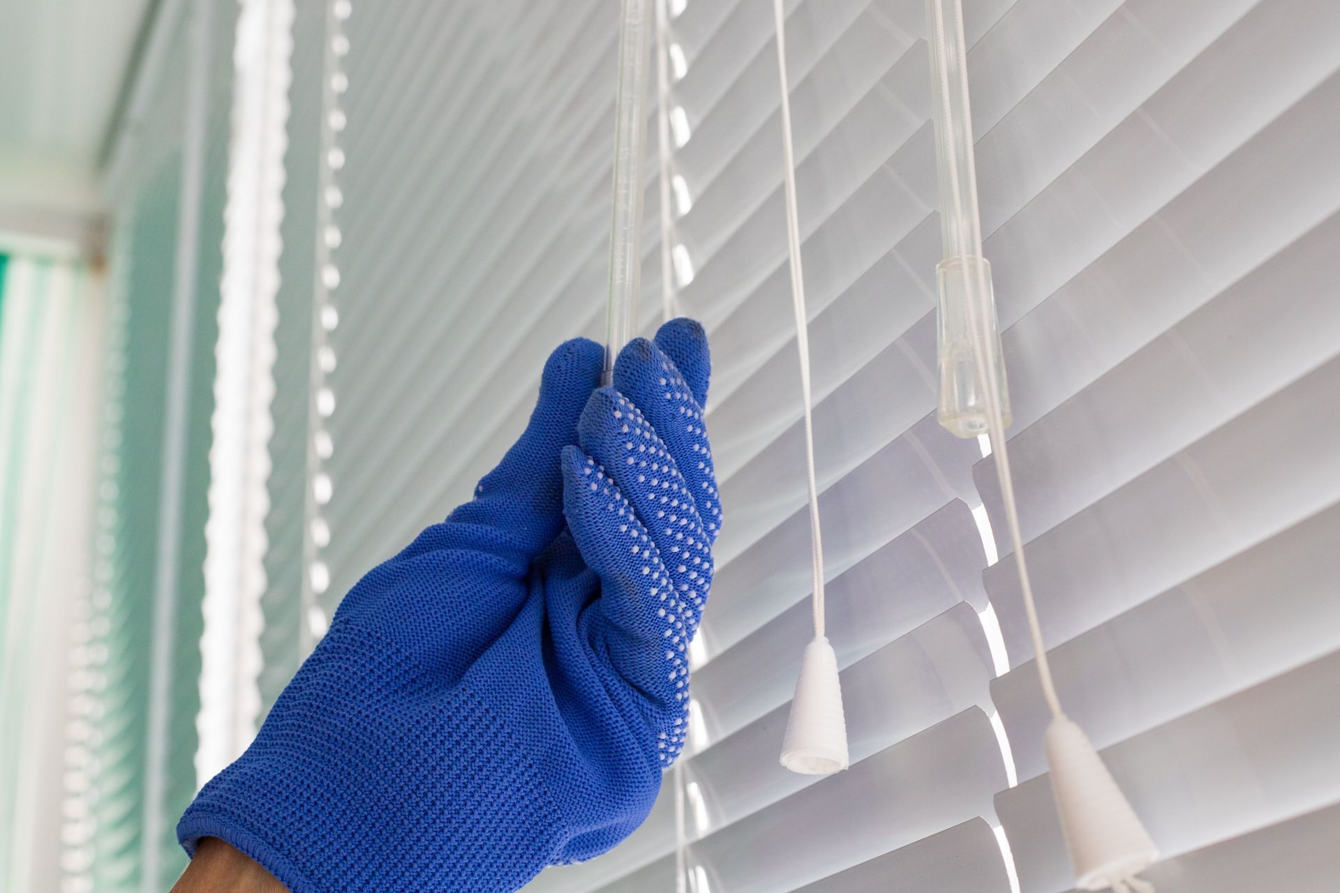 Gloved hand adjusting horizontal window blinds using the tilt control cord. Gloved hand adjusting horizontal window blinds using the tilt control cord.