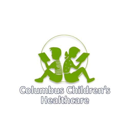 A logo for columbus children 's healthcare with two children reading books