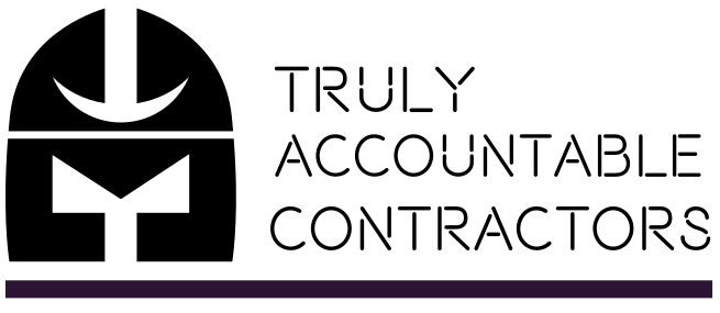 The logo for truly accountable contractors is black and purple.