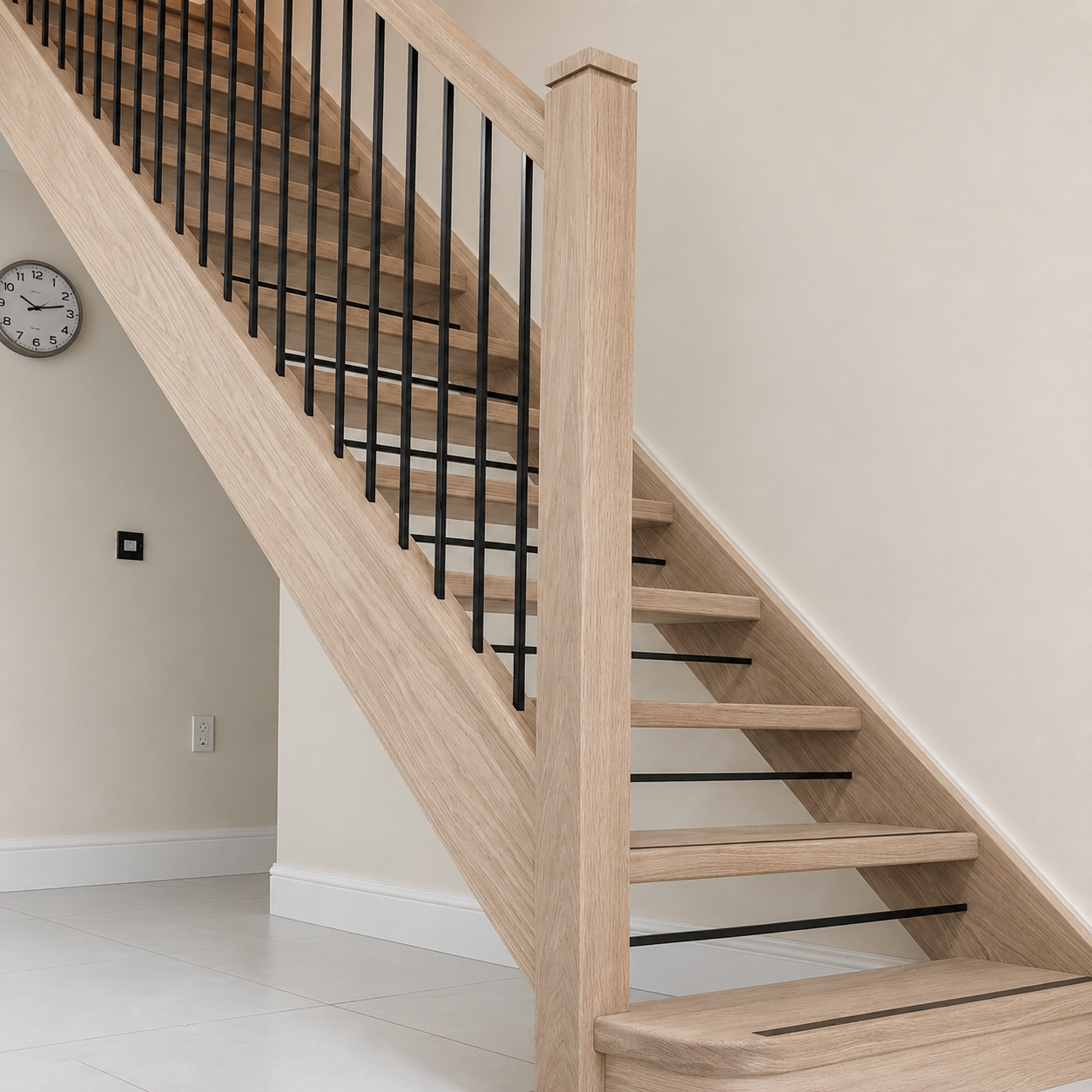 Bespoke oak staircase with black metal spindles and open treads