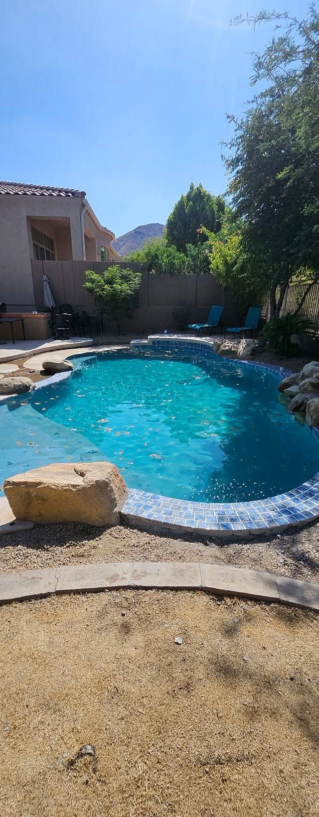 Backyard swimming pool with blue water, stone edging, and patio in bright sunlight