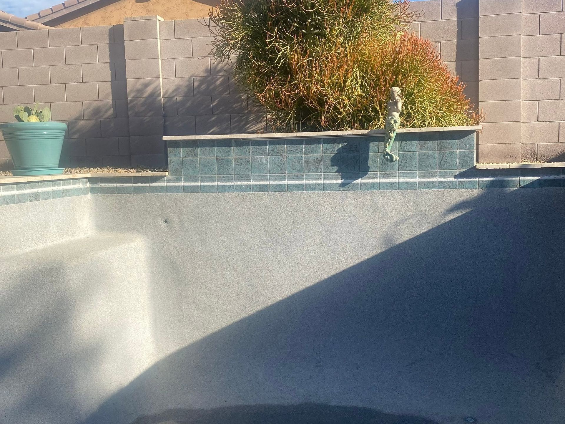 Backyard pool with tiled spa, potted plant, brick wall, and bright sunlight casting shadows