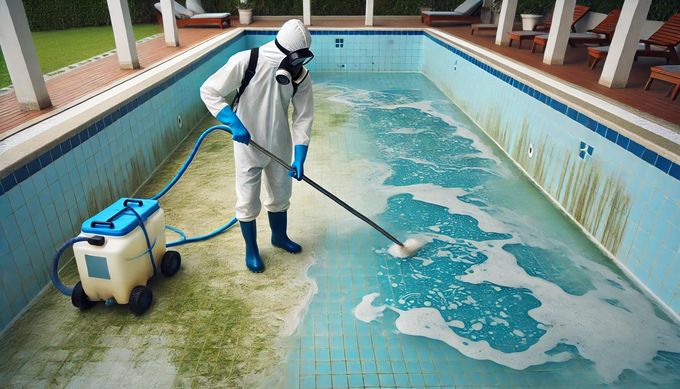 Worker in protective suit cleaning a pool with a vacuum hose, foamy water on one side.