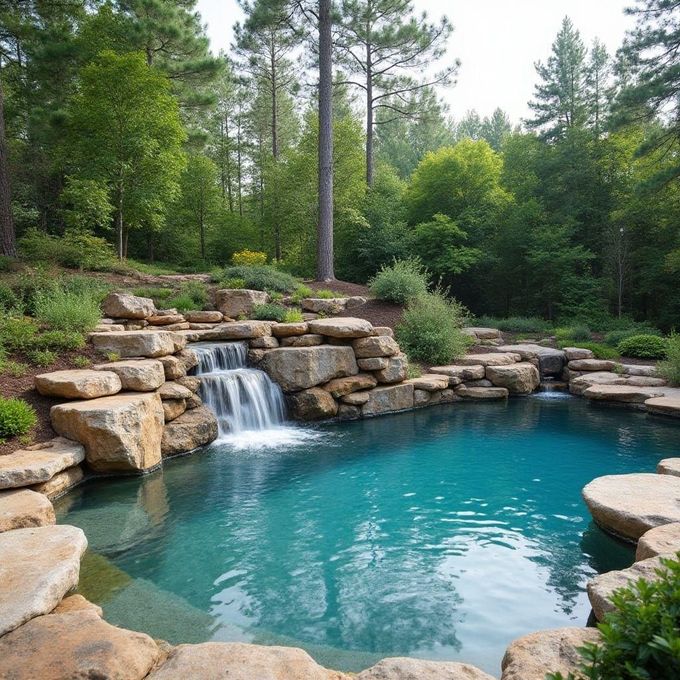 Stone waterfall flowing into a clear turquoise pool surrounded by rocks and green trees